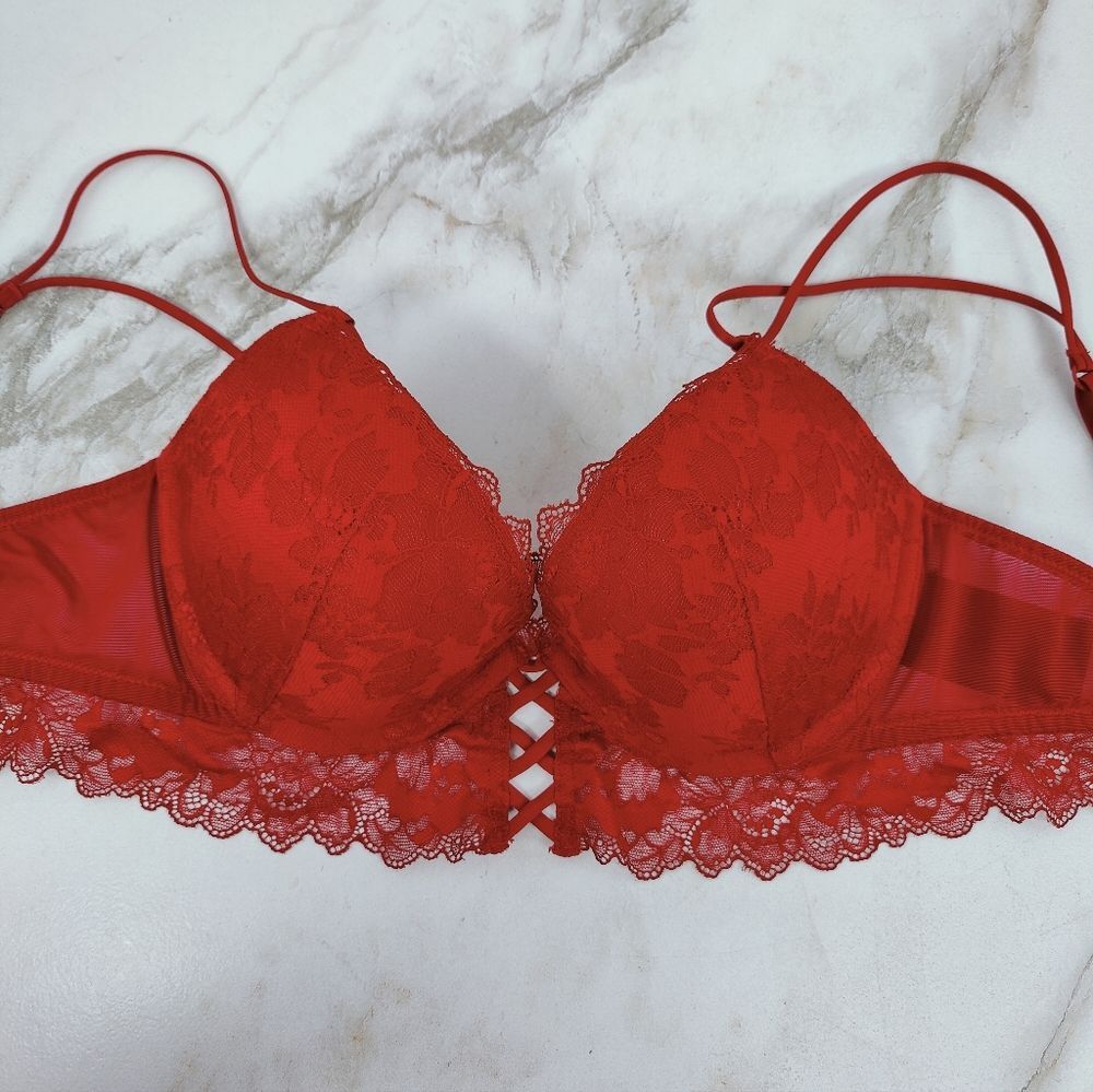 H&M Red Floral Lace Mesh Lace-Up Push Up Ruffle Corset Underwire Bra, 34C